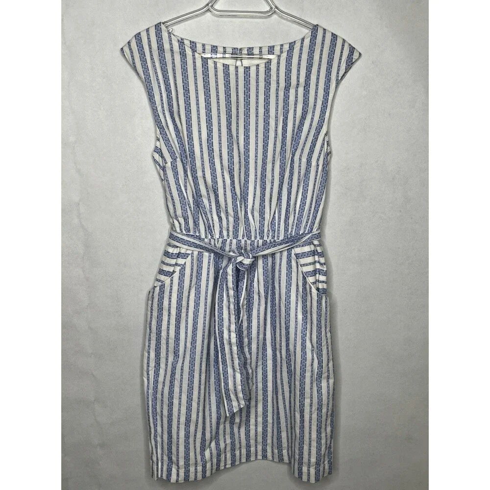 Merona Dress Women Size Small Blue White Striped Belted Pockets Cap Sleeve
